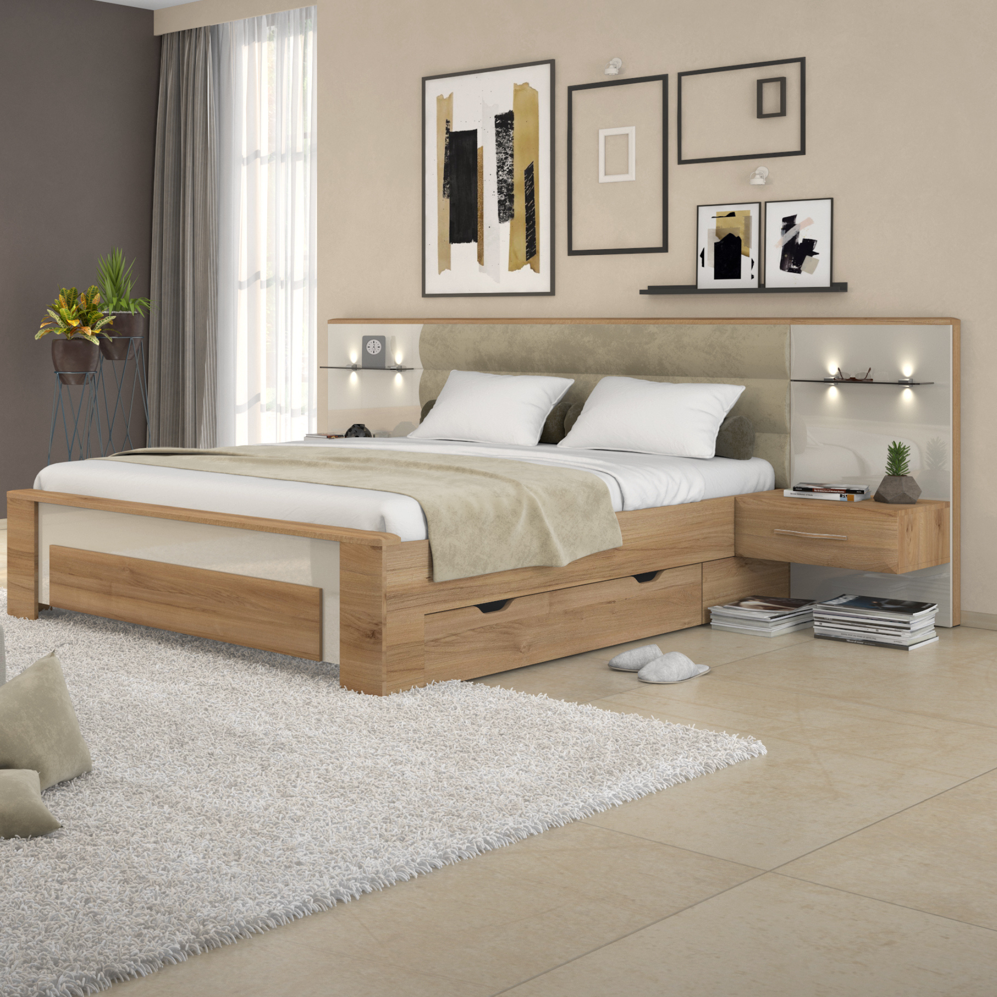 Gala King Size Platform Bed with 2 Nightstands and storage - Upholstered Plush Headboard and Pacific Walnut Wood Décor